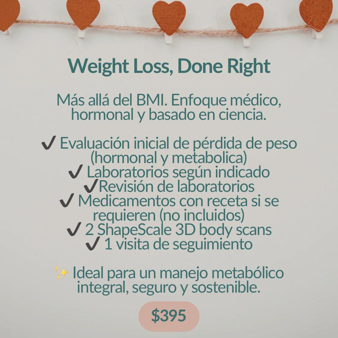 Advertisement for weight loss services with heart decorations on a string, featuring text and branding.