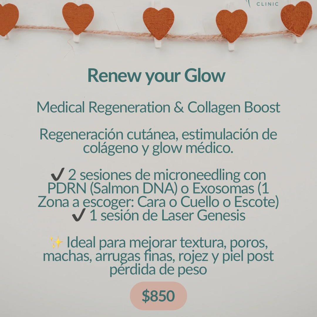 Advertisement for a medical regeneration and collagen boost service with heart decorations on a string.